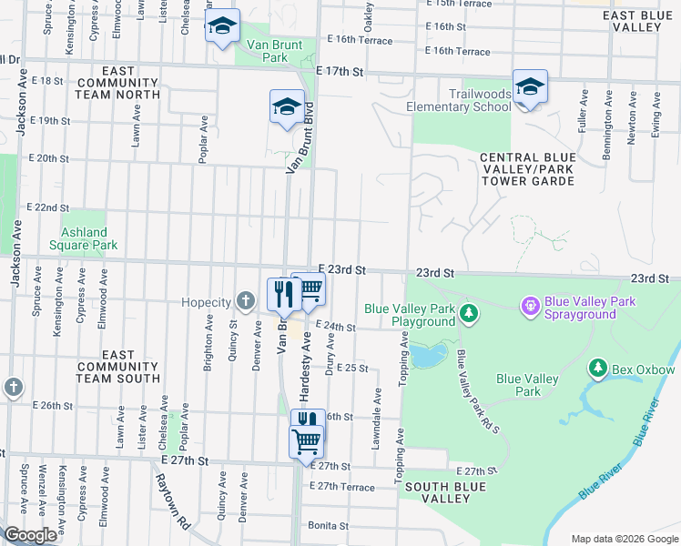 map of restaurants, bars, coffee shops, grocery stores, and more near 2312 Oakley Avenue in Kansas City