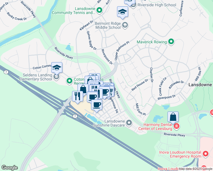 map of restaurants, bars, coffee shops, grocery stores, and more near 19278 Harlow Square in Leesburg