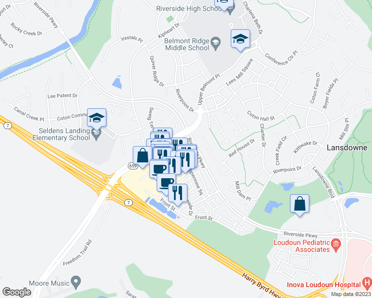 map of restaurants, bars, coffee shops, grocery stores, and more near Koslowski Square in Leesburg