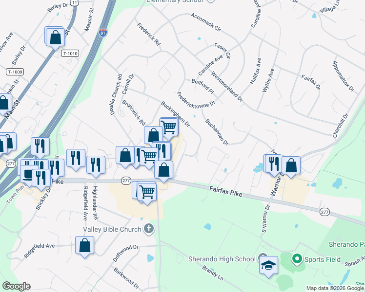 map of restaurants, bars, coffee shops, grocery stores, and more near 146 Nottoway Drive in Stephens City