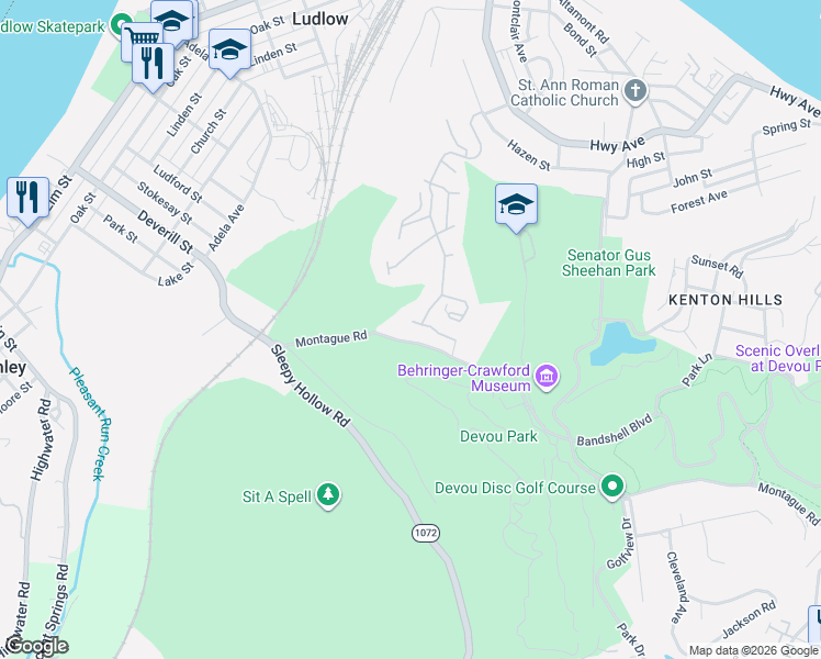 map of restaurants, bars, coffee shops, grocery stores, and more near 1760 Montague Road in Park Hills