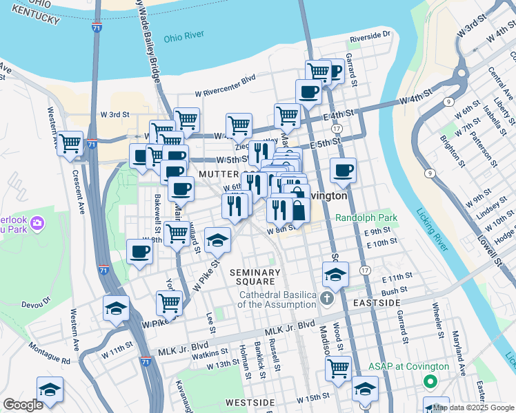map of restaurants, bars, coffee shops, grocery stores, and more near 126 West Pike Street in Covington