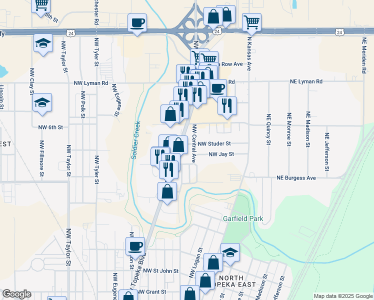 map of restaurants, bars, coffee shops, grocery stores, and more near 1904 Northwest Central Avenue in Topeka