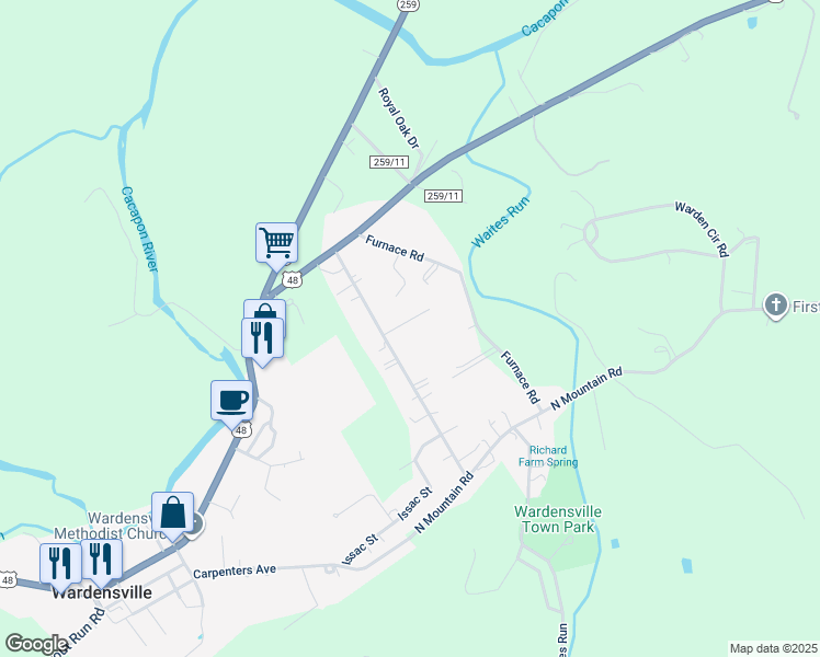 map of restaurants, bars, coffee shops, grocery stores, and more near 50 Ward Street in Wardensville