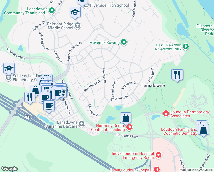 map of restaurants, bars, coffee shops, grocery stores, and more near 19202 Chartier Drive in Leesburg