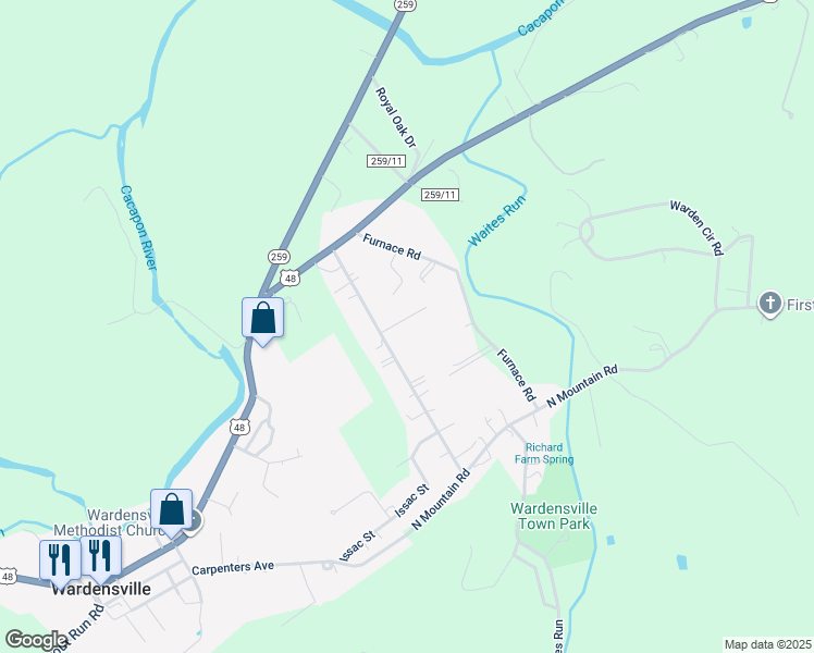 map of restaurants, bars, coffee shops, grocery stores, and more near 50 Ward Street in Wardensville