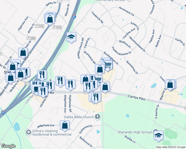 map of restaurants, bars, coffee shops, grocery stores, and more near 112 Freeton Court in Stephens City