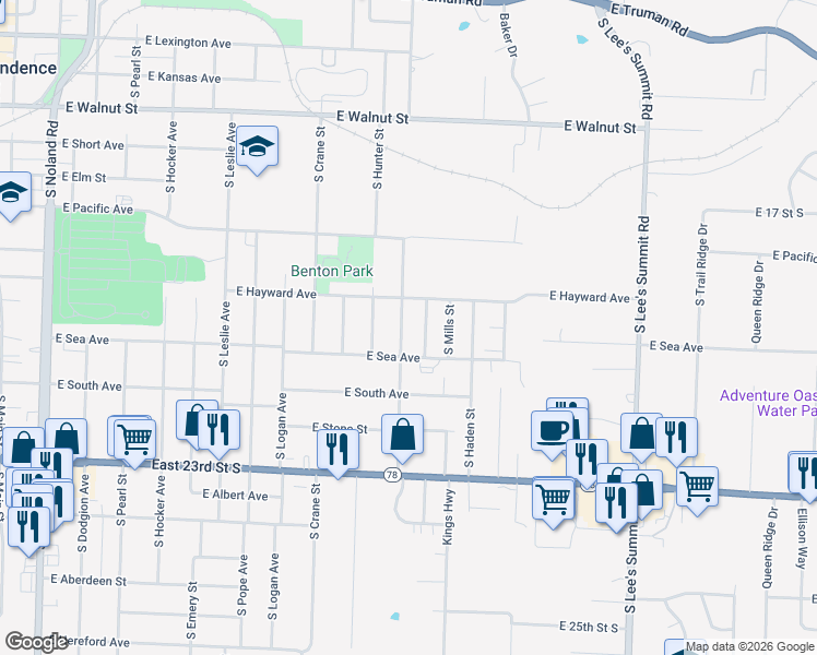map of restaurants, bars, coffee shops, grocery stores, and more near 821 South Savage Street in Independence
