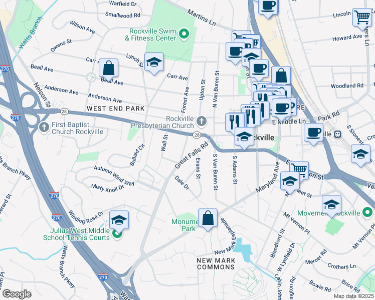 map of restaurants, bars, coffee shops, grocery stores, and more near 14 Williams Street in Rockville