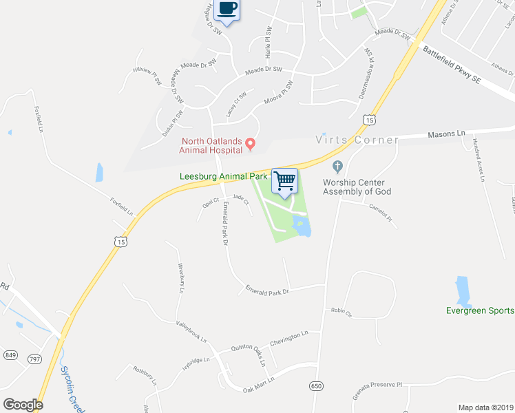 map of restaurants, bars, coffee shops, grocery stores, and more near 40710 Jade Court in Leesburg