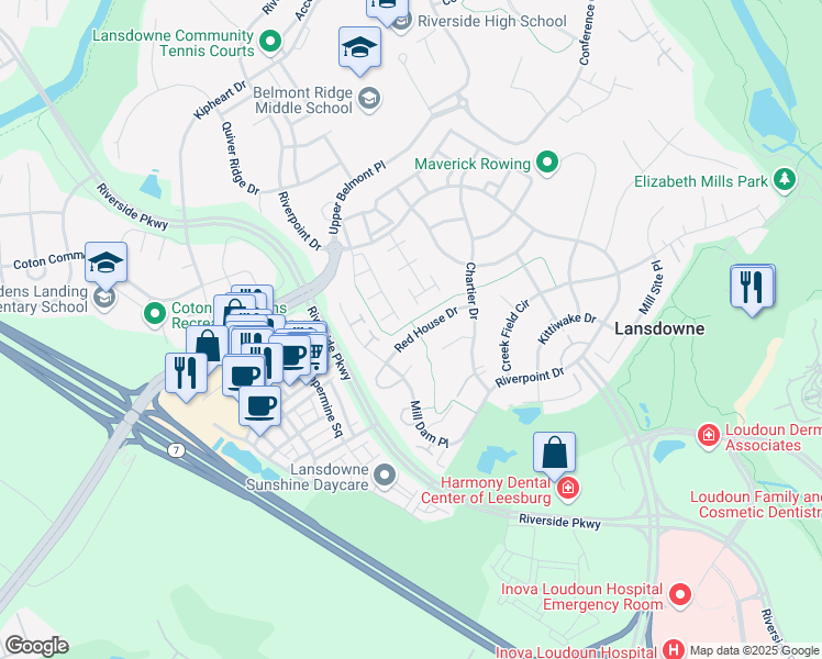 map of restaurants, bars, coffee shops, grocery stores, and more near 43696 Red House Drive in Leesburg