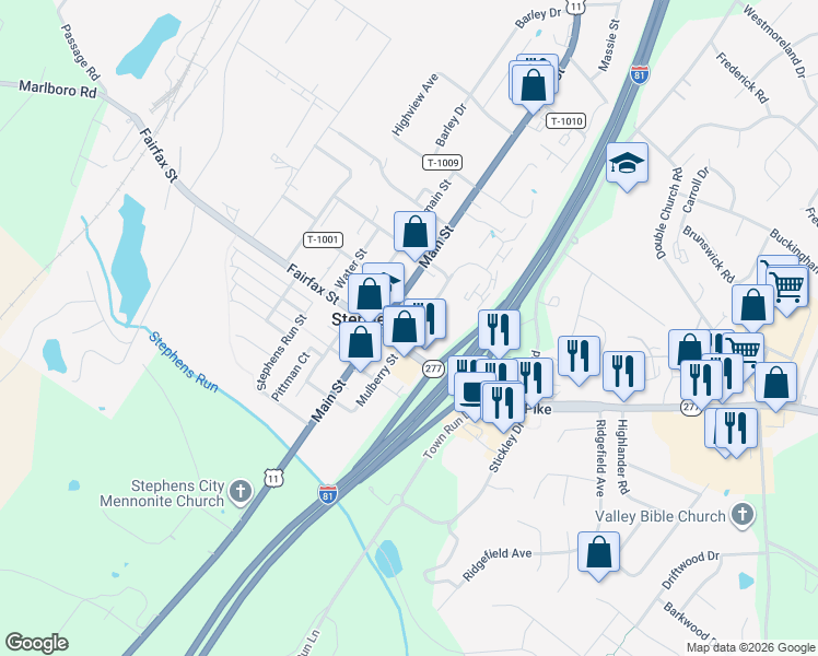map of restaurants, bars, coffee shops, grocery stores, and more near 5416 Mulberry Street in Stephens City