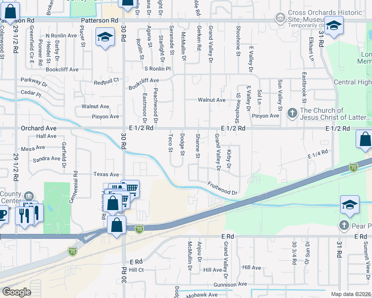 map of restaurants, bars, coffee shops, grocery stores, and more near 542 Dodge Street in Grand Junction
