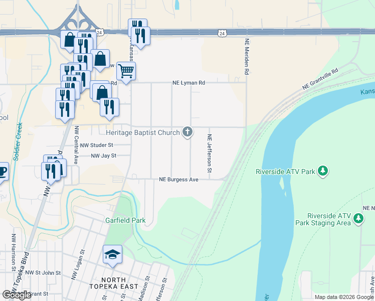 map of restaurants, bars, coffee shops, grocery stores, and more near 1916 Northeast Madison Street in Topeka
