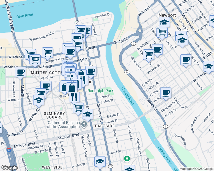 map of restaurants, bars, coffee shops, grocery stores, and more near 226 East 8th Street in Covington