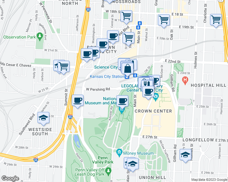 map of restaurants, bars, coffee shops, grocery stores, and more near 315 West Pershing Road in Kansas City