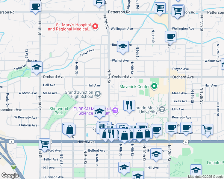map of restaurants, bars, coffee shops, grocery stores, and more near 1630 North 7th Street in Grand Junction