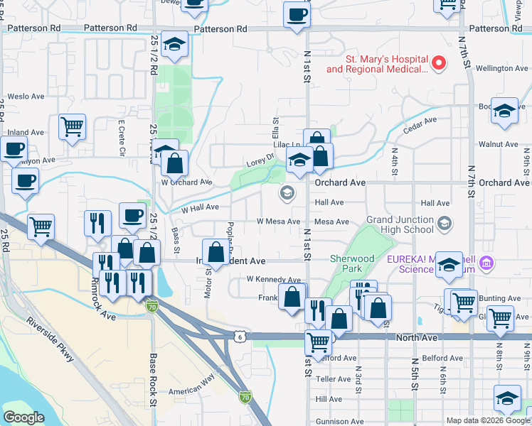 map of restaurants, bars, coffee shops, grocery stores, and more near 1635 Balsam Court in Grand Junction