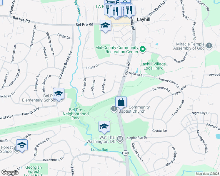 map of restaurants, bars, coffee shops, grocery stores, and more near 13624 North Gate Drive in Silver Spring