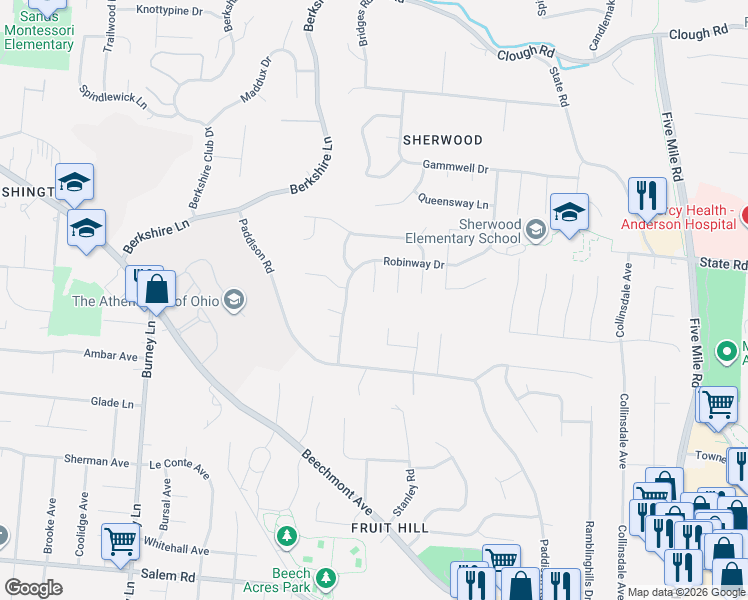 map of restaurants, bars, coffee shops, grocery stores, and more near 6953 Huntsman Court in Cincinnati