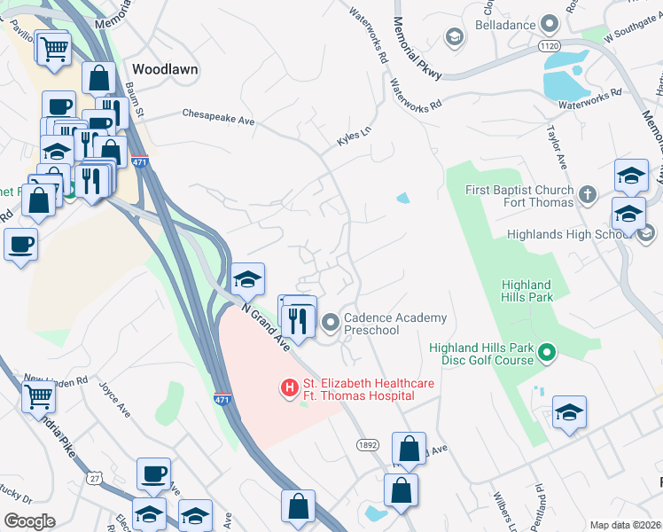 map of restaurants, bars, coffee shops, grocery stores, and more near in Fort Thomas
