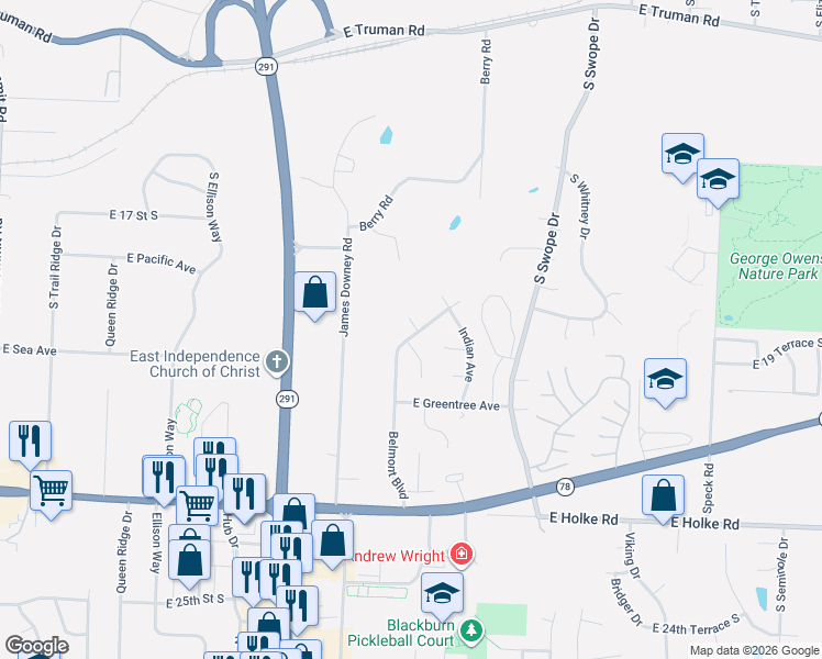 map of restaurants, bars, coffee shops, grocery stores, and more near 1932 Belmont Place in Independence