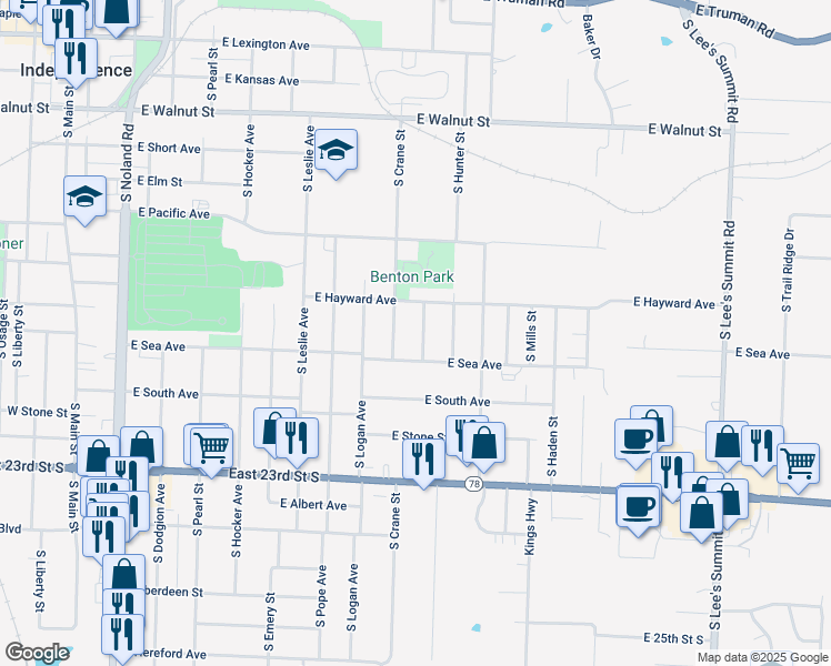 map of restaurants, bars, coffee shops, grocery stores, and more near 822 South Raymond Street in Independence