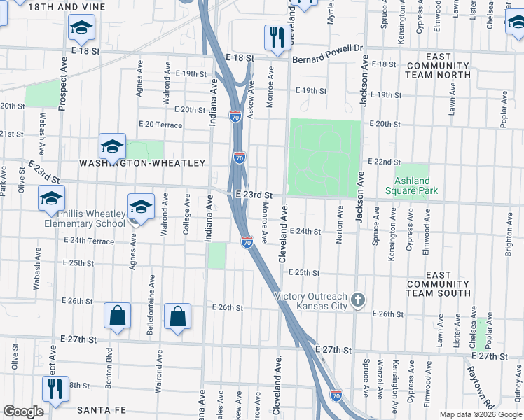 map of restaurants, bars, coffee shops, grocery stores, and more near 2405 Monroe Avenue in Kansas City