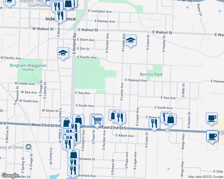 map of restaurants, bars, coffee shops, grocery stores, and more near 900 South Emery Street in Independence