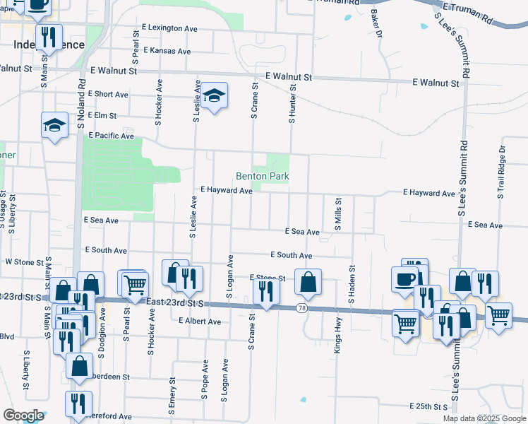 map of restaurants, bars, coffee shops, grocery stores, and more near 822 South Raymond Street in Independence