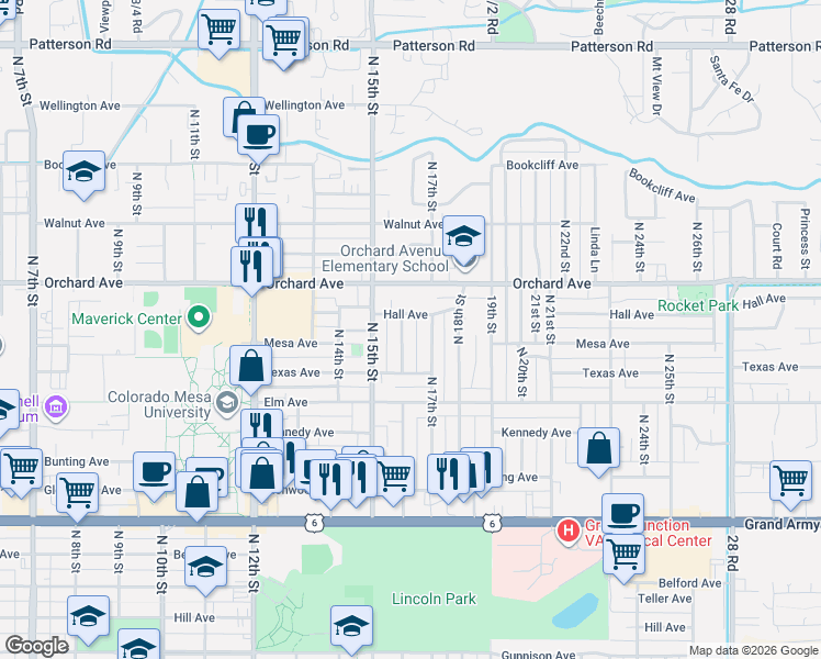 map of restaurants, bars, coffee shops, grocery stores, and more near 1648 North 16th Street in Grand Junction
