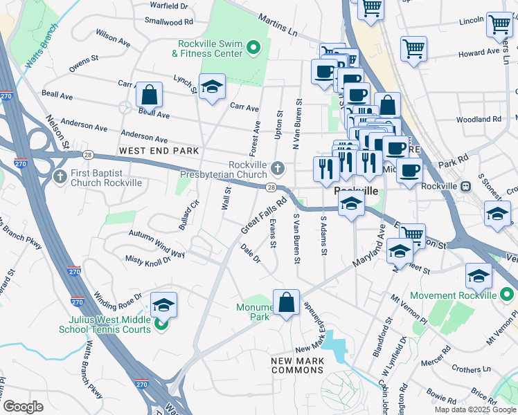 map of restaurants, bars, coffee shops, grocery stores, and more near 14 Williams Street in Rockville