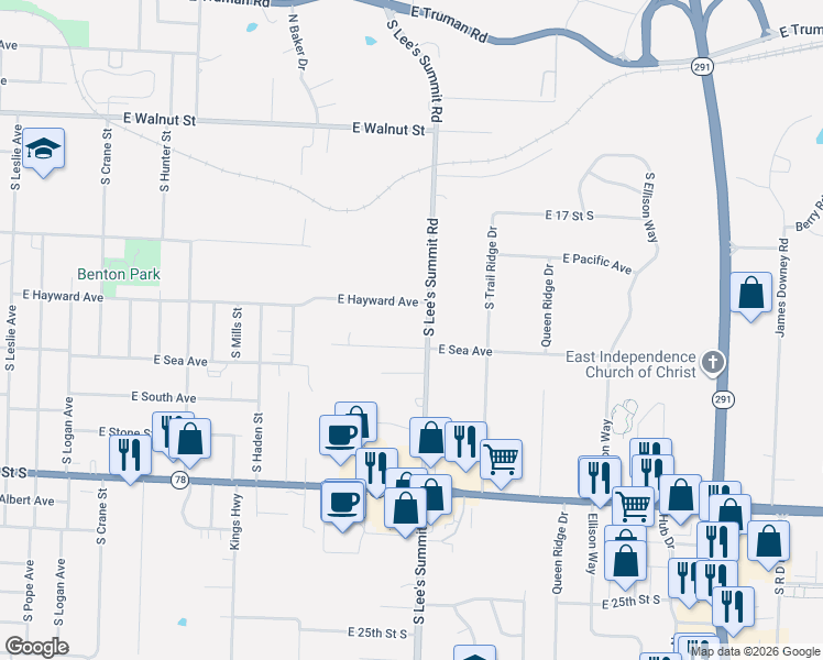 map of restaurants, bars, coffee shops, grocery stores, and more near in Independence