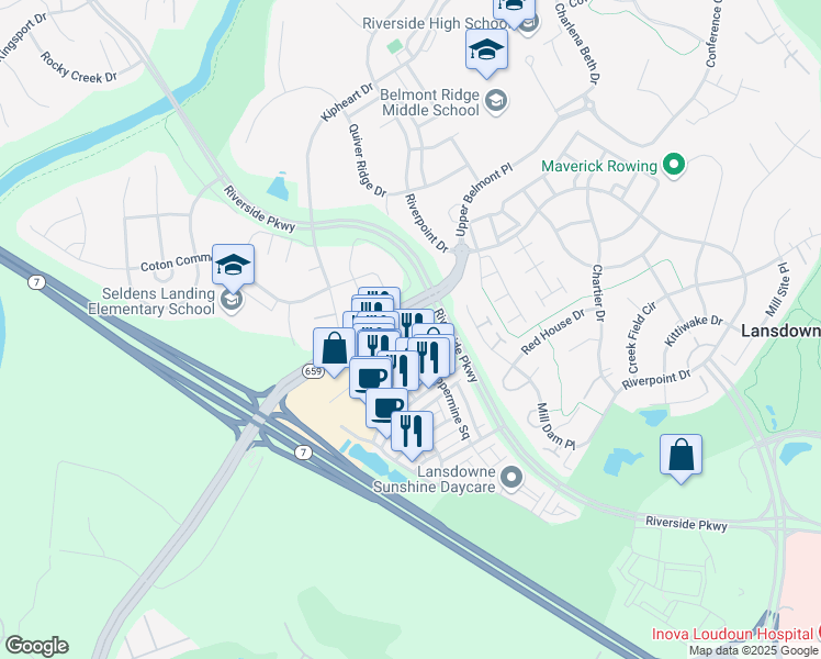 map of restaurants, bars, coffee shops, grocery stores, and more near 19263 Harlow Square in Leesburg