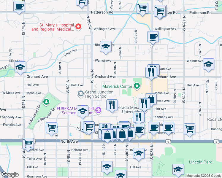 map of restaurants, bars, coffee shops, grocery stores, and more near 855 Hall Avenue in Grand Junction