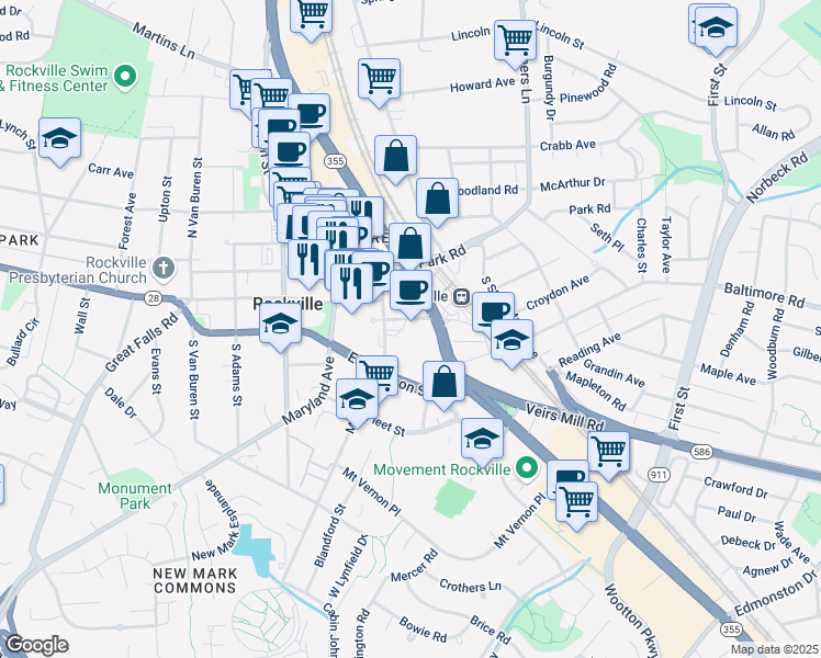 map of restaurants, bars, coffee shops, grocery stores, and more near 50 Monroe Place in Rockville