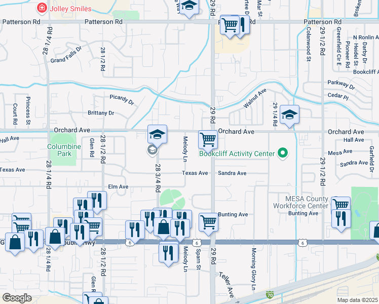 map of restaurants, bars, coffee shops, grocery stores, and more near 537 Melody Lane in Grand Junction