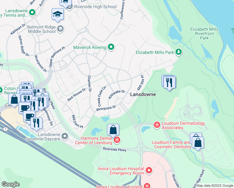 map of restaurants, bars, coffee shops, grocery stores, and more near 43871 Kittiwake Drive in Leesburg