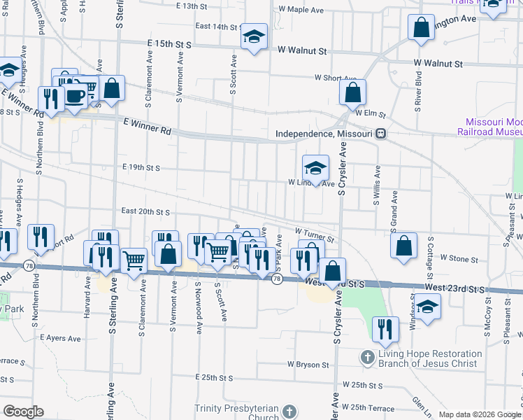 map of restaurants, bars, coffee shops, grocery stores, and more near 11718 East 21st Street Court South in Independence