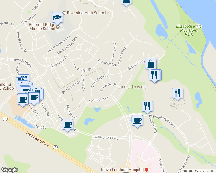 map of restaurants, bars, coffee shops, grocery stores, and more near 43871 Kittiwake Drive in Leesburg