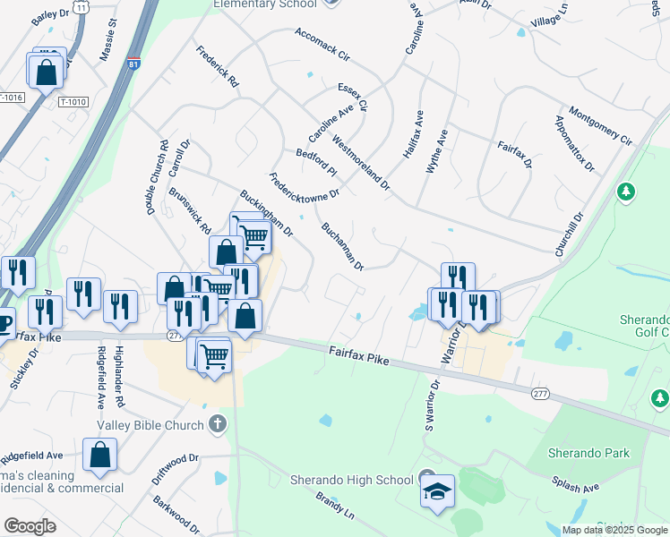 map of restaurants, bars, coffee shops, grocery stores, and more near 409 Georgetowne Court in Stephens City