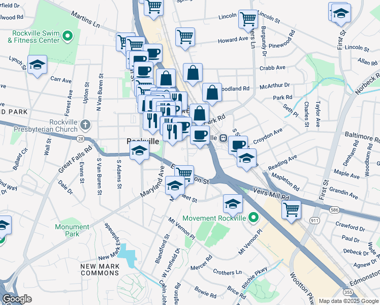 map of restaurants, bars, coffee shops, grocery stores, and more near 118 Monroe Street in Rockville