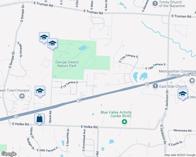 map of restaurants, bars, coffee shops, grocery stores, and more near 1949 South Powahatan Court in Independence