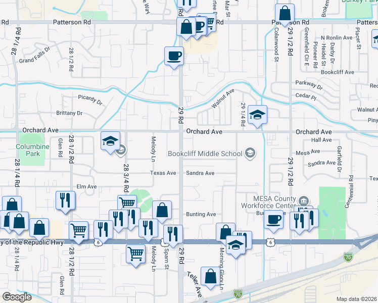 map of restaurants, bars, coffee shops, grocery stores, and more near 560 Crestwood Avenue in Grand Junction