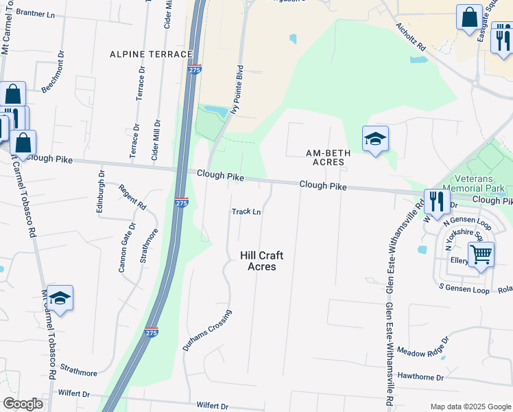map of restaurants, bars, coffee shops, grocery stores, and more near 721 Clough Pike in Cincinnati
