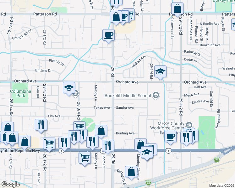 map of restaurants, bars, coffee shops, grocery stores, and more near 542 29 Road in Grand Junction