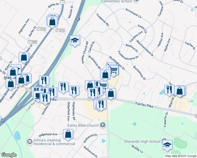 map of restaurants, bars, coffee shops, grocery stores, and more near 109 Warren Circle in Stephens City