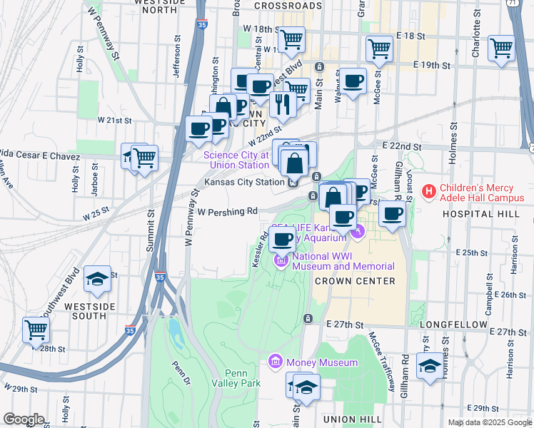 map of restaurants, bars, coffee shops, grocery stores, and more near 300 West Pershing Road in Kansas City