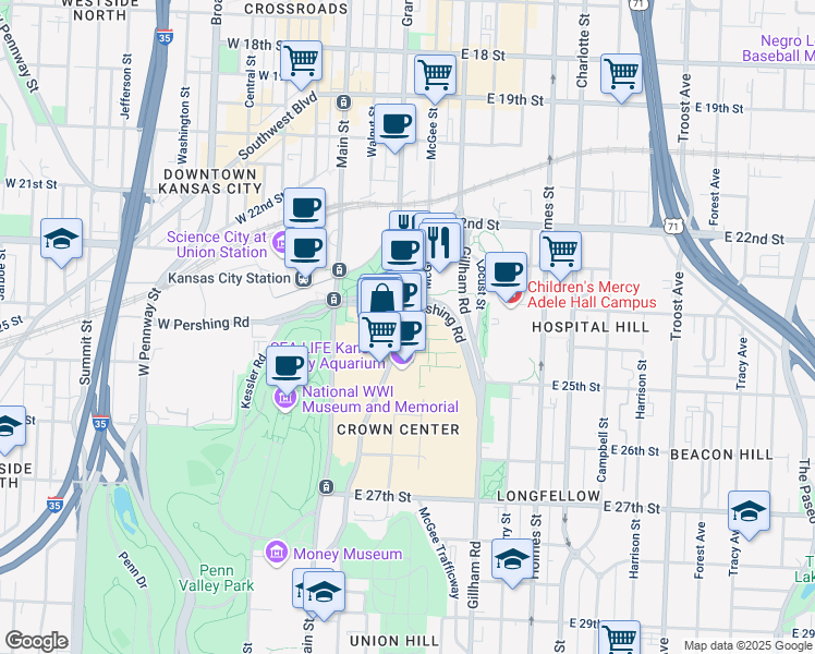 map of restaurants, bars, coffee shops, grocery stores, and more near 2405 Grand Boulevard in Kansas City