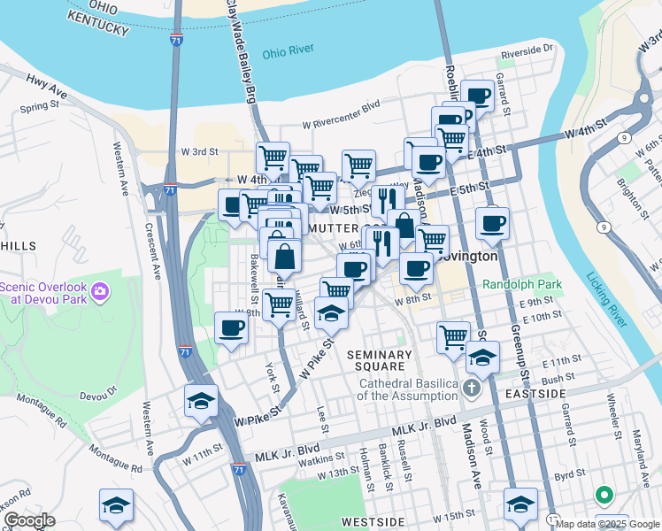 map of restaurants, bars, coffee shops, grocery stores, and more near 225 West 6th Street in Covington